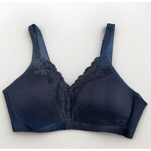Cacique Bra Lightly Lined No-Wire Navy Blue Cotton Lace Plus 42D Wireless Comfy